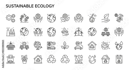 Collection of sustainable ecology icons representing environmental protection and renewable energy solutions for a greener planet