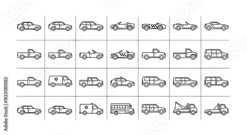 Collection of diverse vehicle icons including cars trucks vans ambulances taxis and buses presented in a grid format