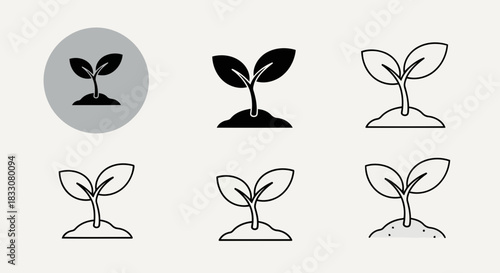 Collection of six simple sprout icons in black and white representing growth and new beginnings in different styles