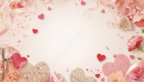 Heart-shaped Decorations and Pink Flowers Create a Romantic Background for Sp...