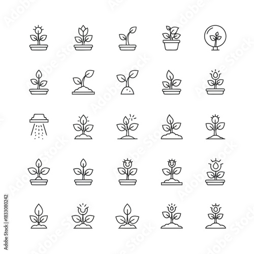Collection of line art icons representing plant growth stages and care in pots and soil with sun and water elements