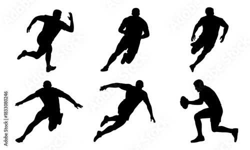Athletic football players in action poses, sport silhouette set