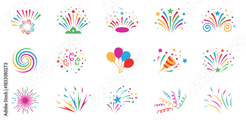 Colorful party fireworks, balloons and confetti celebration elements icon set
