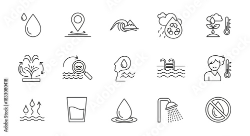 Collection of clean line art icons representing various aspects of water including drops recycling plants and human interaction with water