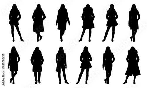 Stylish female silhouettes in winter coats, women fashion outline collection
