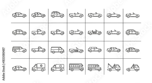Collection of diverse vehicle icons including cars trucks vans taxis ambulances and buses in a clean outline style