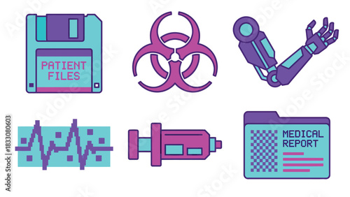 Cyberpunk Medical Icons Set: Data, Biohazard, Prosthetic, EKG, Injection, Report