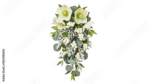 Photos Isolated cascading hellebores arrangement creates floral accent with snowberries