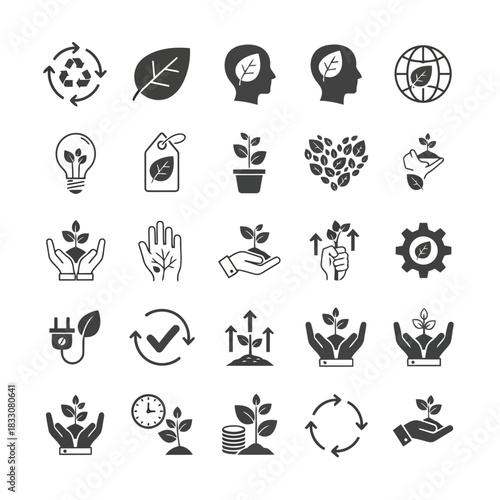Collection of eco friendly icons representing sustainability growth recycling and environmental protection concepts