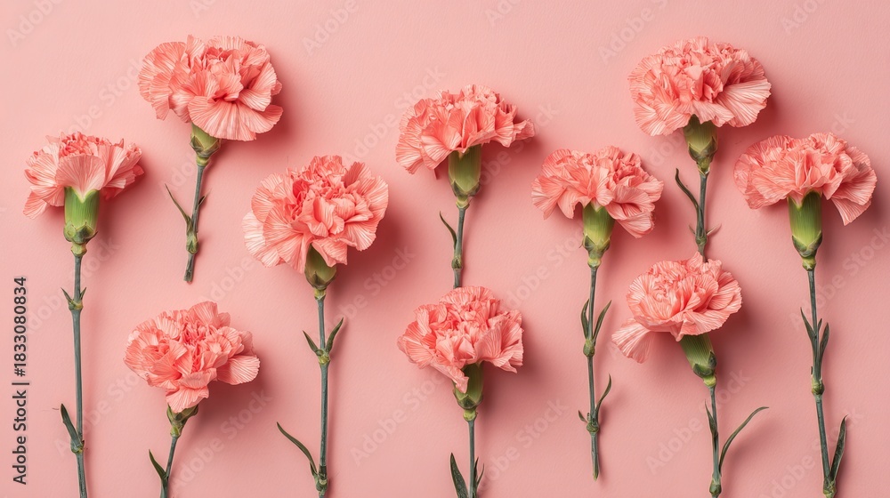 Vector illustration of pink carnations on pastel background for greeting card design.