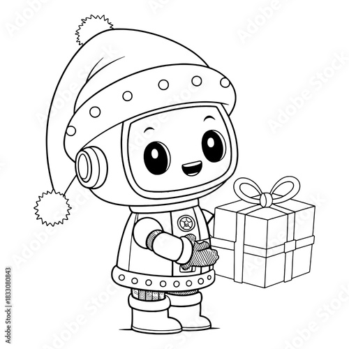 Cartoon robot wearing a santa hat holding a wrapped gift in a black and white line drawing style