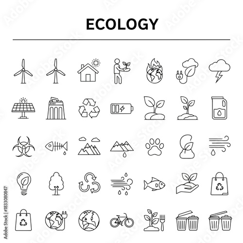 Collection of ecology and environment related line art icons representing sustainability renewable energy and nature conservation concepts