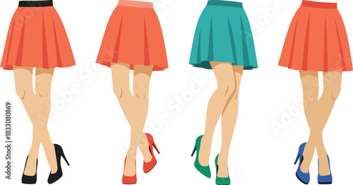 Four pairs of female legs wearing flared skirts and high heel shoes woman