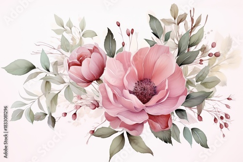 A soft and elegant floral arrangement featuring pink peonies, delicate leaves, and subtle greenery against a light backdrop.