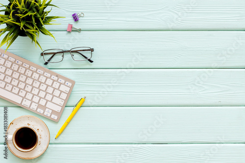 Wallpaper Mural Home office workspace with computer keyboard and cup of coffee, on wwoden background, top view. Education online. Tabletop of freelancer Torontodigital.ca