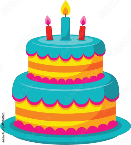 Vibrant and colorful layered birthday cake illustration