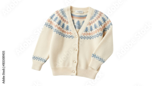 Obraz na płótnie Isolated knitted cardigan, off-white wool knit, Nordic pattern on yoke and cuffs