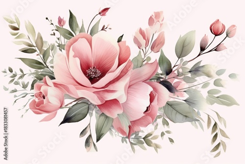 A delicate floral arrangement featuring soft pink roses and greenery, set against a light background, evoking a sense of beauty and tranquility.