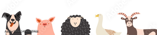Cartoon farm animal banner. Happy Border Collie dog and cheerful pig, fluffy sheep and goose. Colorful vector design. Illustration for kids and children.