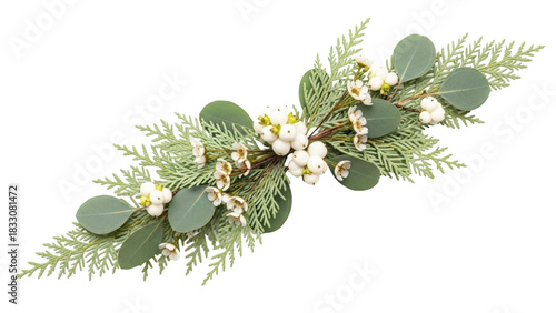 фотографія Isolated wintery garland floral arrangement of greenery, snowberries, and eucaly