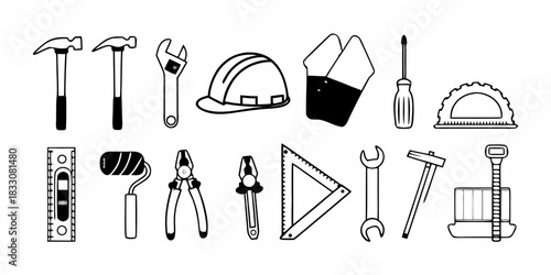 A versatile set of black and white line art icons depicting essential tools for construction, repair, and home improvement projects
