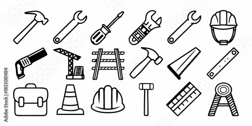 A comprehensive set of outline icons depicting various construction tools, building equipment, and safety gear for engineering and repair projects