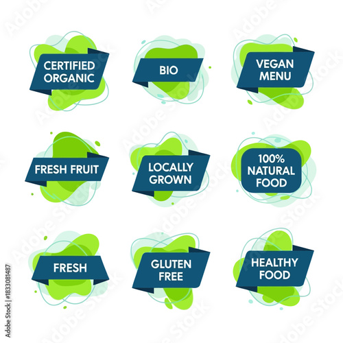 Collection of nine modern badges and labels for organic vegan and healthy food products with fresh and natural claims