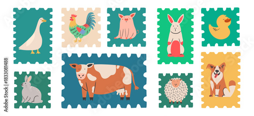 Vector isolated set with farm animals postage stamps in hand drawn style. Cartoon cards with livestock.