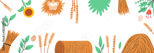 Rustic harvest border illustration. Vector frame with different elements.