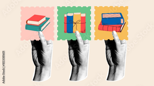 Educational literature graphic vector design. Halftone hands holding retro stamps with different colorful books.