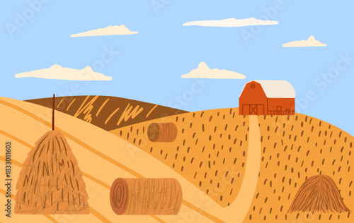Autumnal farm panorama. Golden fields, hay bales and traditional stack, classic red barn.