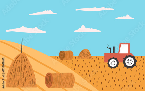 Harvest farm landscape. Golden agricultural fields with a red tractor, rolled hay bales, and a haystack.