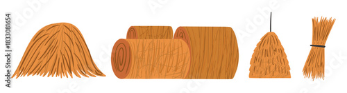 Harvest season hay and straw elements. Diverse farm set.