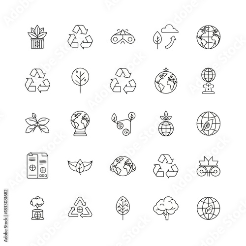 Collection of thin line icons representing nature sustainability recycling and environmental protection concepts on white background