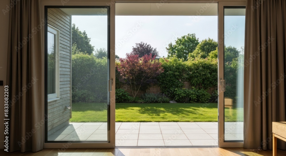 Fototapeta premium Sunlit patio visible through wide open sliding glass doors
