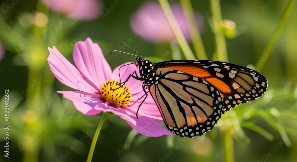 Obraz premium Monarch butterfly on pink cosmos flower with green foliage insect nature
