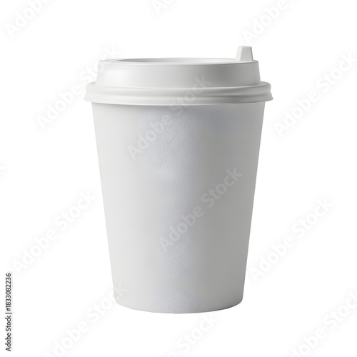 Minimalist white disposable coffee cup with lid on white background