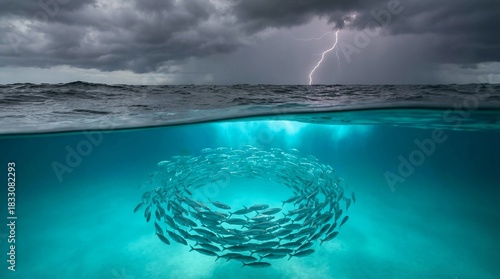 Fototapeta Naklejka Na Ścianę i Meble -  Fish school in circle under stormy sea with lightning