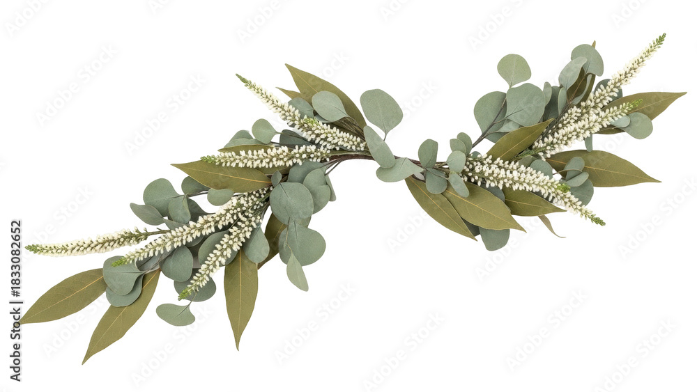 Naklejka premium Isolated decorative garland of eucalyptus leaves and white flowers, elegant nature element