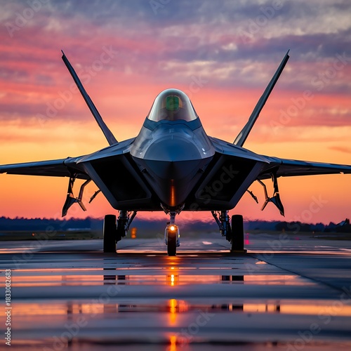 Wallpaper Mural A powerful military fighter jet stands parked on the airport runway at sunset, showcasing its aerodynamic design, advanced engineering, and strong aviation presence as the pilot prepares. Torontodigital.ca