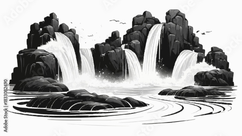 A stylized vector image depicting a waterfall cascading down rocky mountains