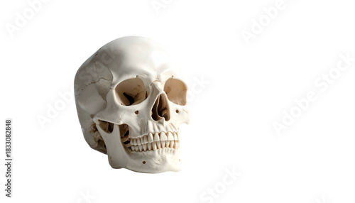 Pale skull detail; eyesockets, nose hole, and teeth visible
