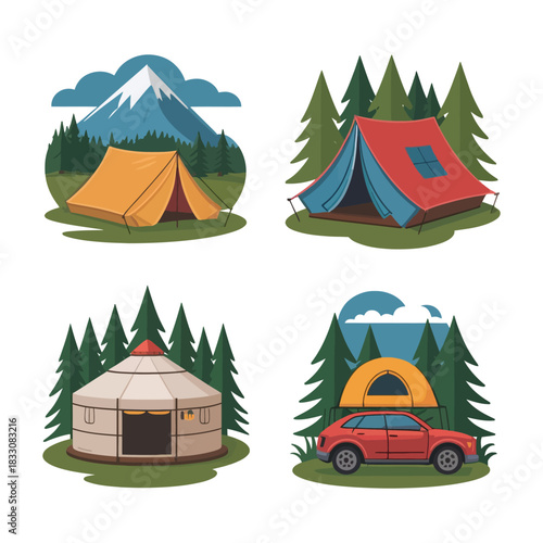 Diverse camping shelters are depicted in this illustrative outdoor scene.
