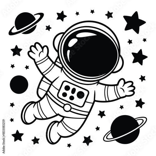 An astronaut floats in space surrounded by stars and planets.