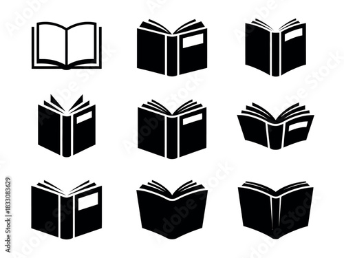 A collection of nine stylized icons representing open books in various arrangements and perspectives, symbolizing knowledge and learning.
