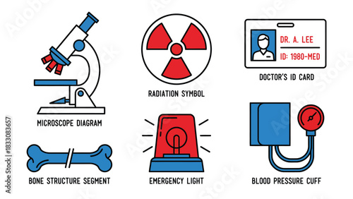 Medical Icon Set: Microscope, Radiation, ID Card, Bone, Emergency, Blood Pressure