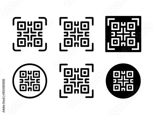 A collection of various QR code icons is presented, showcasing different styles and framing for digital information scanning.
