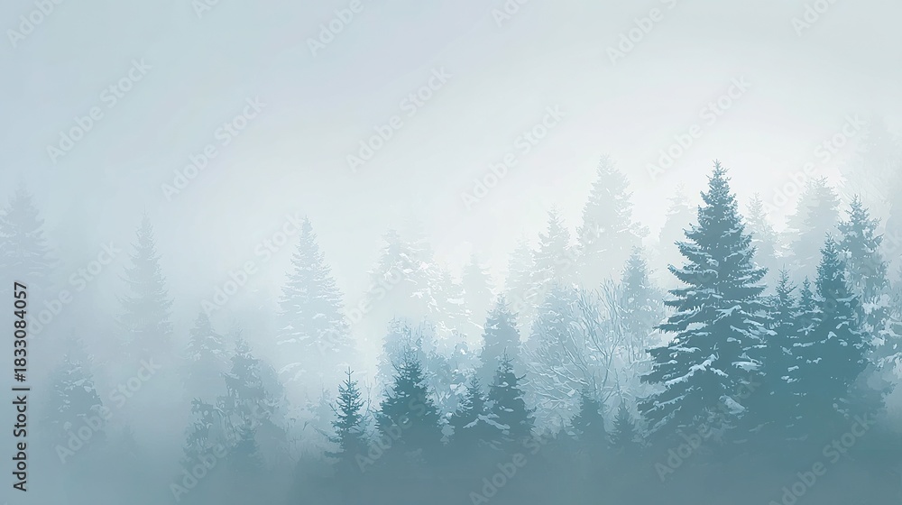 Obraz premium Winter snow scene with pine forest background, fog and sunlight, idyllic winter landscape banner design for festive christmas concept and seasonal decorative use.