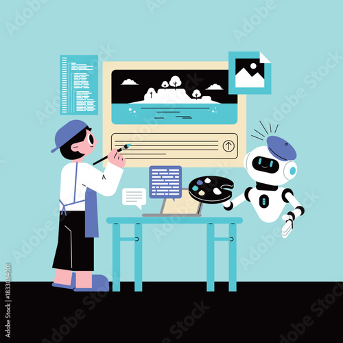 AI Assisted Creative Process. A painter who draws pictures using artificial intelligence. Automatically generate machines, technologies, and drawings.