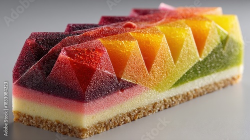 Colorful Geometric Cake with Layers and Triangular Patterns Displayed